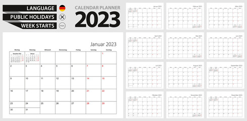 German calendar planner for 2023. German language, week starts from Monday.