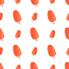 Handdrawn icecream seamless pattern. Watercolor orange icecream on the white background. Scrapbook design, typography poster, label, banner, textile.