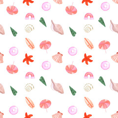 Handdrawn sea seamless pattern. Watercolor seashells and stars on the white background. Scrapbook design, typography poster, label, banner, textile.