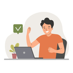 Fototapeta na wymiar Young man before the laptop with show Yeah positive gesture, approval gesturing. Checkmark. Flat style cartoon vector illustration.