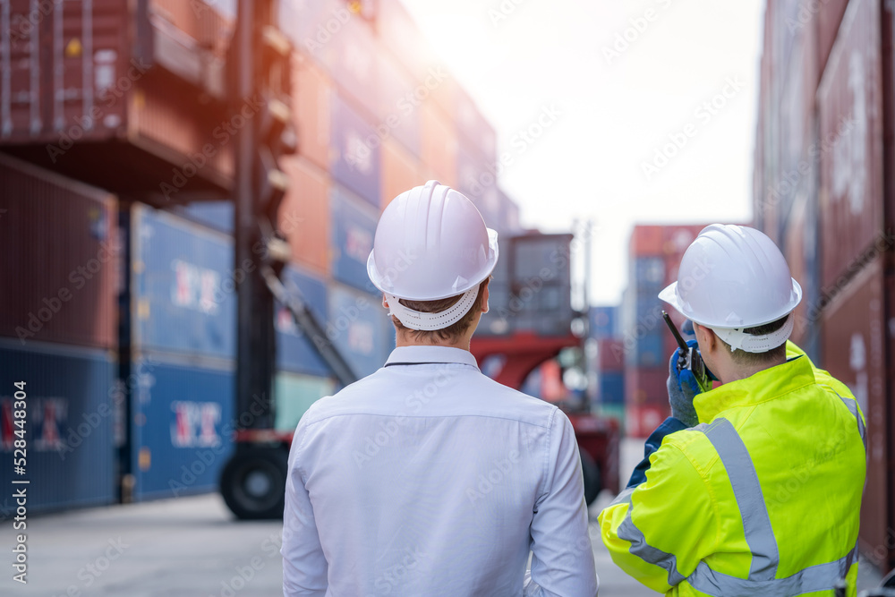 Poster Foreman man and worker working checking at Container cargo,Logistics import export shipping concept.