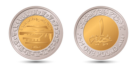 Egypt coin 1 pound 2019 New bridges in Asyut. Reverse and obverse of Egyptian one pound coin in vector illustration.