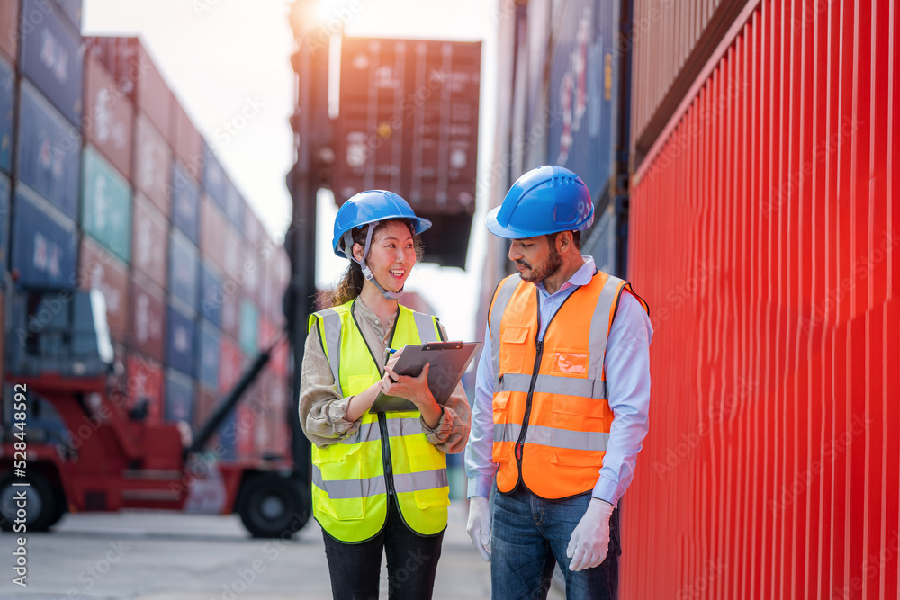 Poster Engineer and inspector working and discuss in shipping container in Container Terminal.