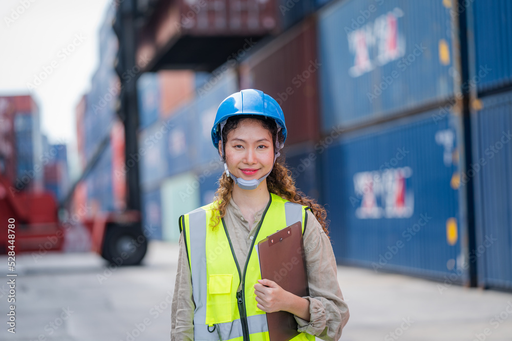 Poster Cargo container worker checking and control loading Containers box in warehouse