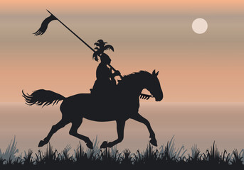 black silhouette and shadow of a medieval knight on horseback 