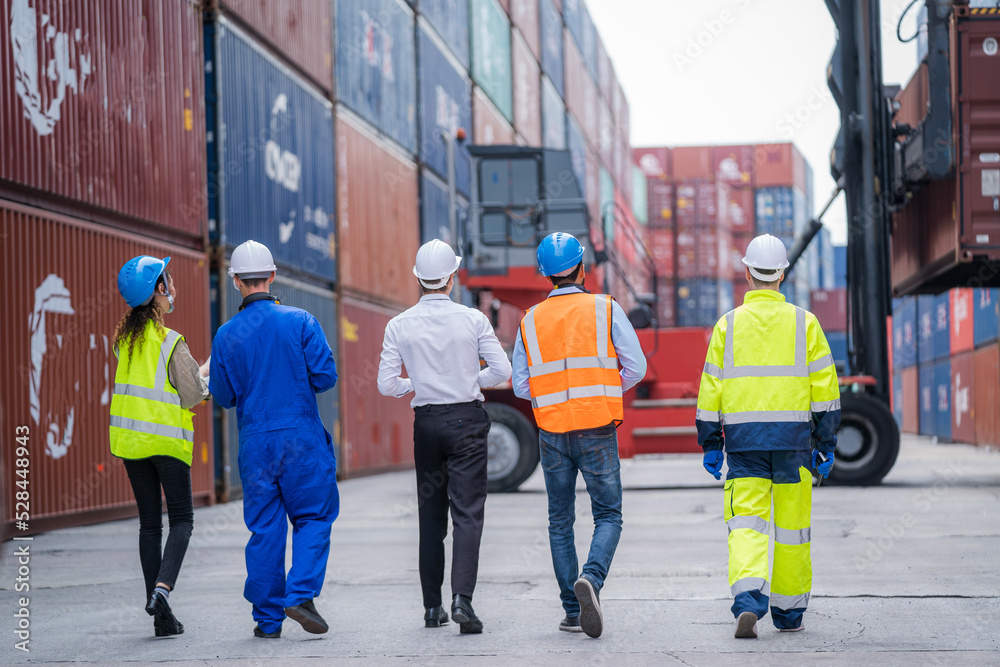 Poster Businessman and Technicians or engineer work at Container cargo site check up goods in container.