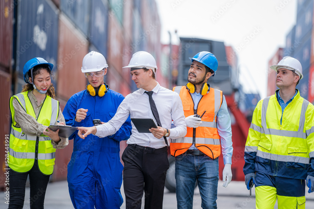 Poster Professional engineer with worker or technicians discuss together working checking at Container yard warehouse,Cargo Shipping Import and Export industry.