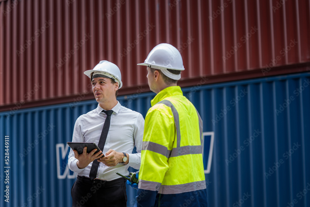 Aufkleber Professional engineer with worker or technicians discuss together working checking at Container yard warehouse,Cargo Shipping Import and Export industry.