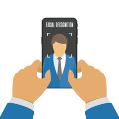 Face ID or face recognition system on mobile phone. Facial recognition concept. Smartphone with human head and scanning app on screen. Vector illustration in flat style. EPS 10.