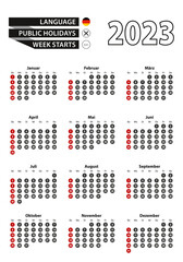 German calendar 2023 with numbers in circles, week starts on Sunday