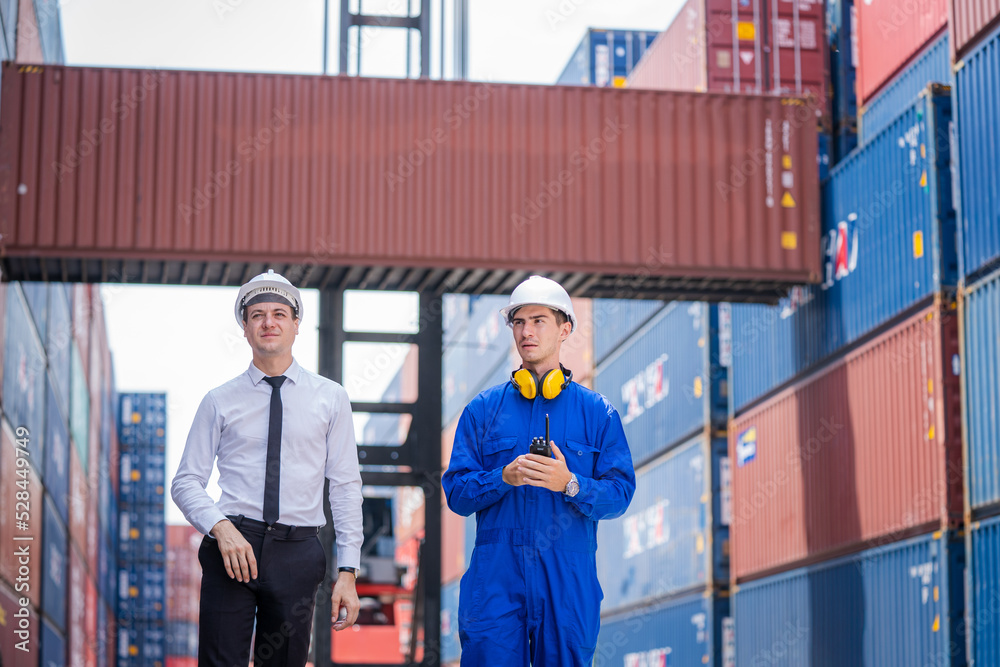 Poster businessman and technician team working planning the transportation for import or export at overseas