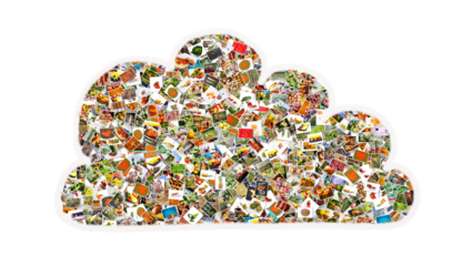 Cloud computing concept. Many photos inside a cloud isolated on white background