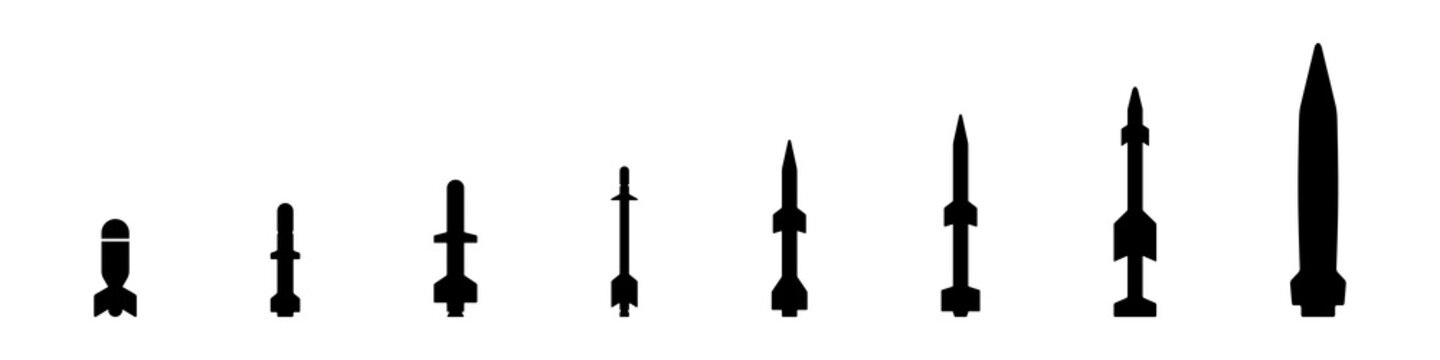 Missile Icon Vector Set For Missile Icon Design on Apps, Websites and More. Combat rocket weapons set. Air missile attack icons set for web design isolated on white background.