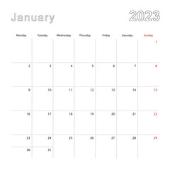 Simple wall calendar for January 2023 with dotted lines. The calendar is in English, week start from Monday.