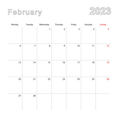 Simple wall calendar for February 2023 with dotted lines. The calendar is in English, week start from Monday.