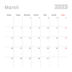 Simple wall calendar for March 2023 with dotted lines. The calendar is in English, week start from Monday.