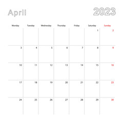 Simple wall calendar for April 2023 with dotted lines. The calendar is in English, week start from Monday.