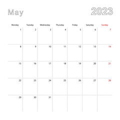 Simple wall calendar for May 2023 with dotted lines. The calendar is in English, week start from Monday.