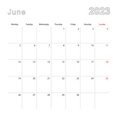 Simple wall calendar for June 2023 with dotted lines. The calendar is in English, week start from Monday.