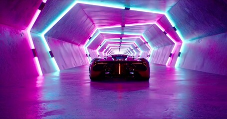 A modern high speed red racing car drives through a neon tunnel. Futuristic technology 3D rendering - Powered by Adobe