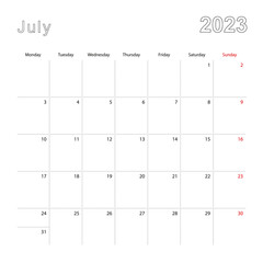 Simple wall calendar for July 2023 with dotted lines. The calendar is in English, week start from Monday.