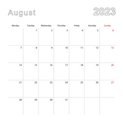 Simple wall calendar for August 2023 with dotted lines. The calendar is in English, week start from Monday.