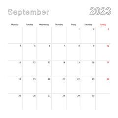 Simple wall calendar for September 2023 with dotted lines. The calendar is in English, week start from Monday.