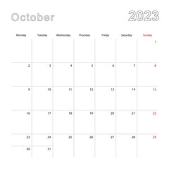 Simple wall calendar for October 2023 with dotted lines. The calendar is in English, week start from Monday.
