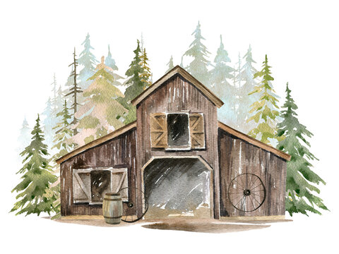 Watercolor Wooden Barn, Farmhouse, Forest Landscape, Nature Background