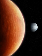 Rocky red planet with atmosphere and satellite. Realistic surface of an alien planet, space landscape.