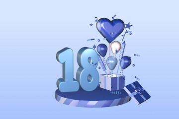 3D rendered display suitable for 18 18th birthday or eighteen eighteenth anniversary celebration card or invitation