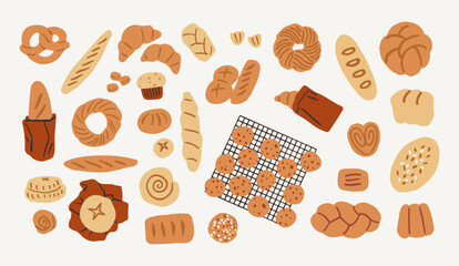 Various bakery products, bread and pastries. Vector hand drawn illustration. All elements are isolated.