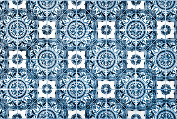 Panel of blue and white tiles in a typical pattern of Portuguese culture