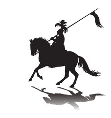 black silhouette and shadow of a medieval knight on horseback 