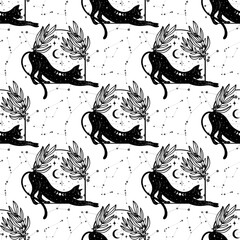 Seamless pattern with a cat. Mystical pattern. Black cat, halloween, Sun, stars, moon, moon phases. Vector.