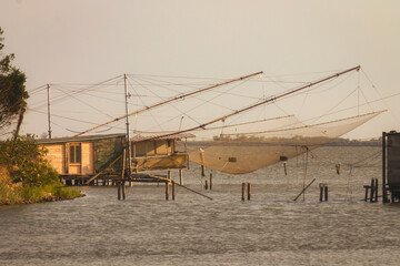 High angle view of A typical fishing hut in Comacchio, Italy. Copy space.