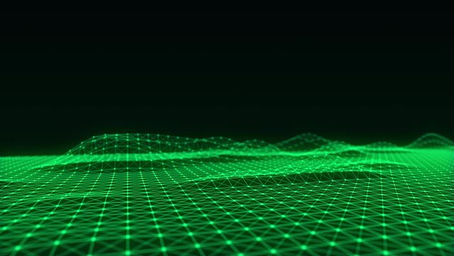 Mountain wireframe landscape. Technology polygonal terrain. Futuristic green background. 3d rendering.
