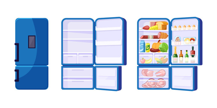 refrigerator. open and closed empty and full products kitchen refrigerator. Vector colored pictures collection