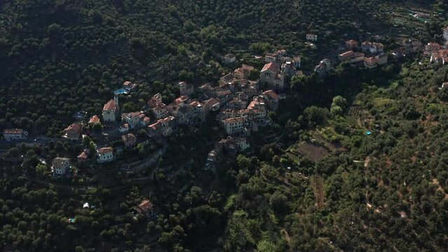 Flying over Dolcedo village in Italy