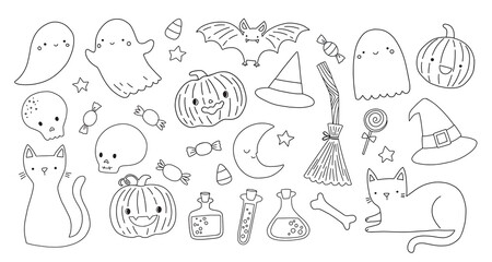 Set of cute Halloween hand drawn illustrations including ghosts, cats, bats, pumpkins, candy. Fun Halloween elements for kids. Black and white line art stamps.