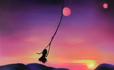 Fantasy art illustration of girl riding on swing silhouette. Flying girl fairy tale oil painting. Pastel colors and pink sunset background