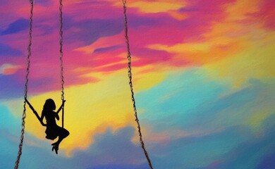 Fantasy art illustration of girl riding on swing silhouette. Flying girl fairy tale oil painting. Pastel colors and pink sunset background