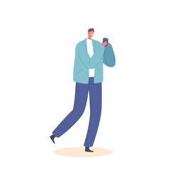 Man with Smartphone Chatting, Texting in Networks Isolated on White Background. Male Character Communicating Online