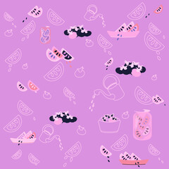 Fruit Vector Pattern with Fruit Slices and Watering Can