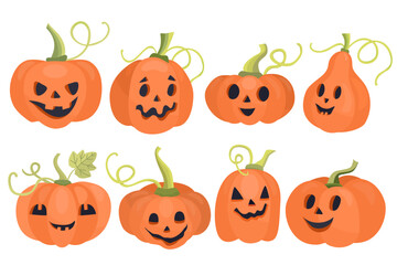 Jack o lantern or Halloween pumpkins set. Different emotions. Hand drawn flat vector illustration. Great for creating stickers, posters, greeting cards