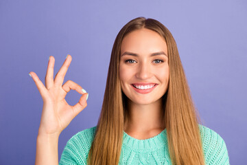 Photo of nice charming person arm fingers demonstrate okey approve symbol isolated on violet color background