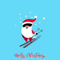 Santa Claus for Christmas and New Year. Santa on skis. Cheerful hand drawn santa. Vector illustration