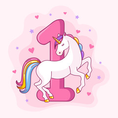 Number one and a cartoon unicorn on a light background. For a birthday.