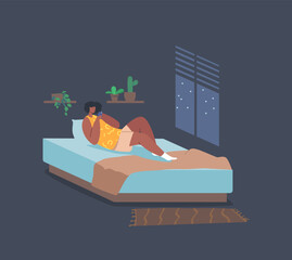 Obraz premium Young Woman Lying in Bed with Smartphone, Reading Message, Chatting with Friend. Female Character with Mobile Phone