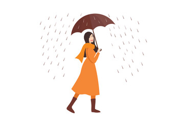 Young woman holding umbrella in raining day, walking under the rain vector illustration